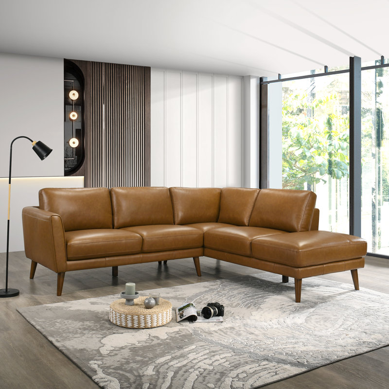 Canapé modulaire en cuir véritable 2 pièces Mouloud, Accoudoir à droite (vu de face), Cuir véritable brun clair