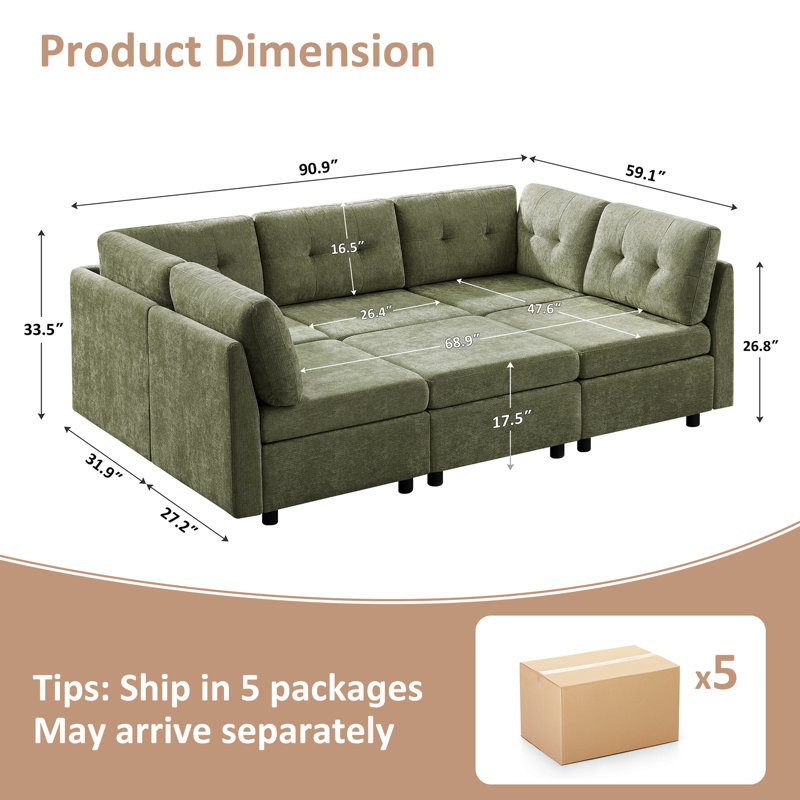 Chenille Upholstered Sectional Sofa Couch With Ottoman, Green Polyester