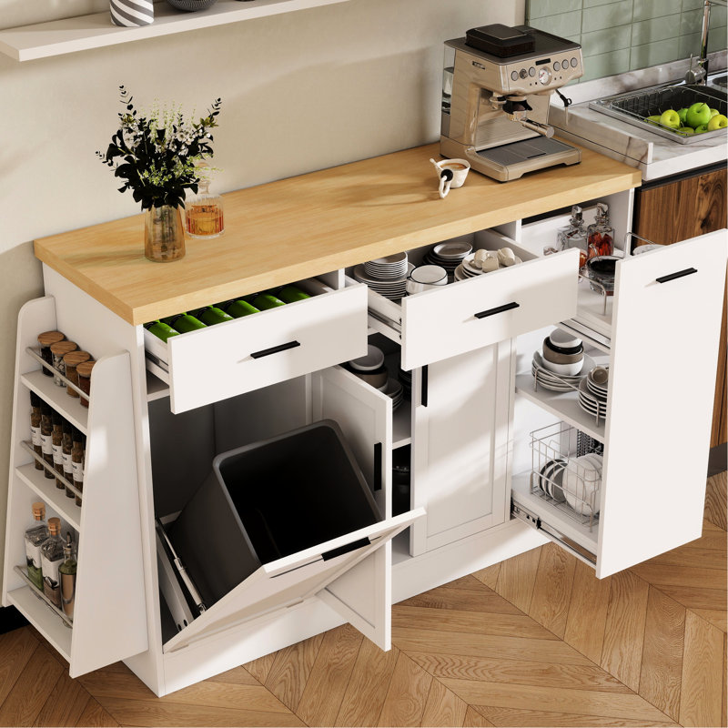 Îlot de cuisine bicolore élégant avec poubelle escamotable dissimulée, étagère à épices à 3 niveaux et placard à portes coulissantes. Garde-robe double à tiroirs pour le rangement. Buffet blanc multifonctionnel.