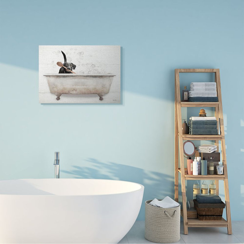 «Happy Labrador in Rustic Bubble Bath Design», art mural surdimensionné sur toile tendue par Lori Deiter, Toile tendue