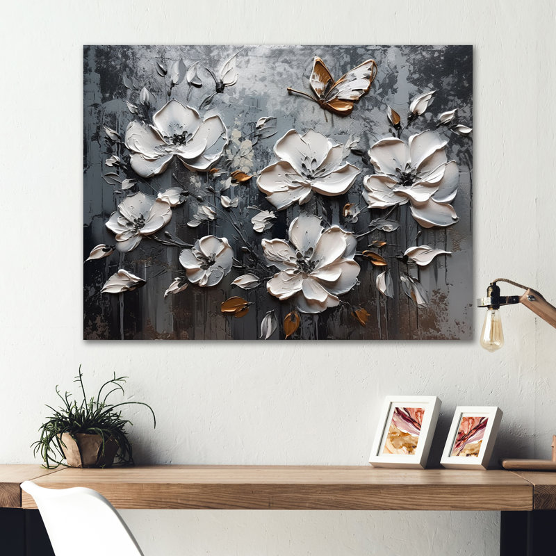 Ailes de papillon doré blanc et fleurs IV sur impression métallique, H 12 po x l 20 po x P 1 po