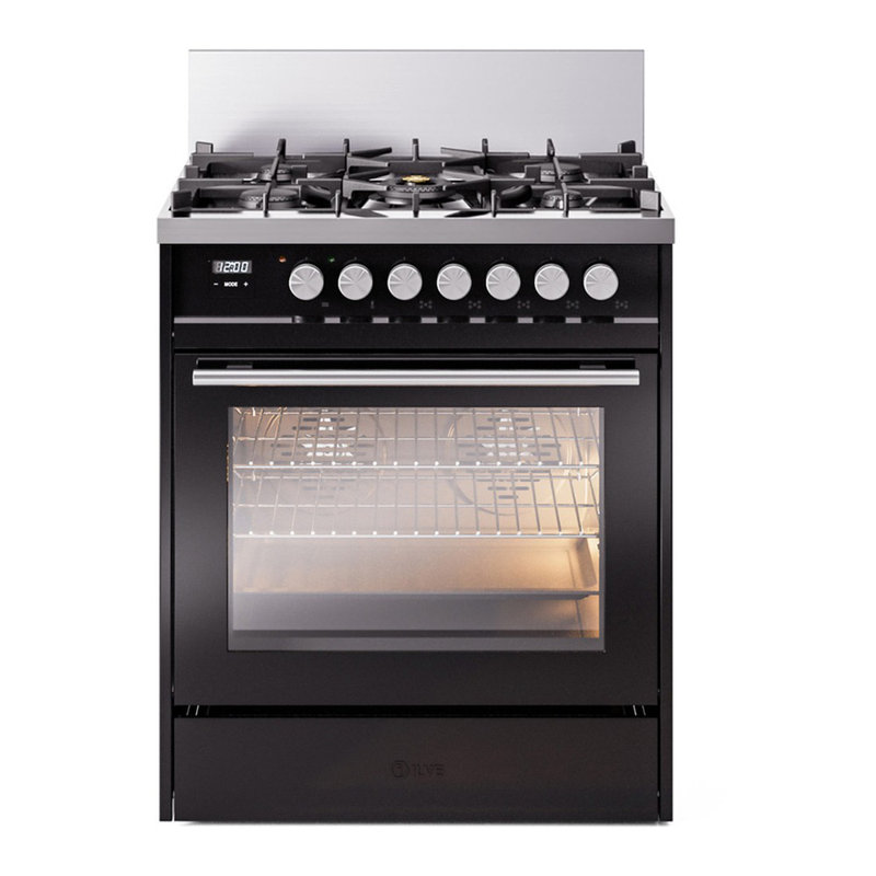 ILVE Professional Plus II 30 in Dual Fuel Range, Liquid Propane, Glossy Black/Stainless Steel