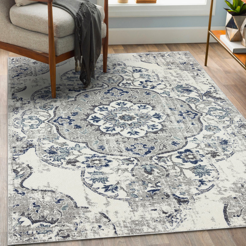 Tapis oriental ivoire / bleu Mannsville, Rectangle de 8 pi x 10 pi