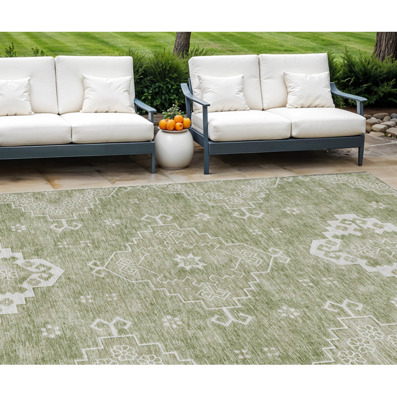 Tapis intérieur / extérieur 8 pi x 10 pi vert et beige à motif artichaut lavable
