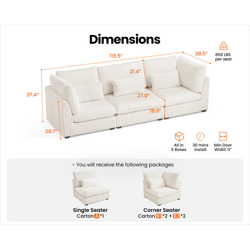 3 Seater Sofa Oversized Modular Sofa, Extra Deep Cloud Corduroy Sectional Couch with Ottoman Chaise, FSC Certified, Cream