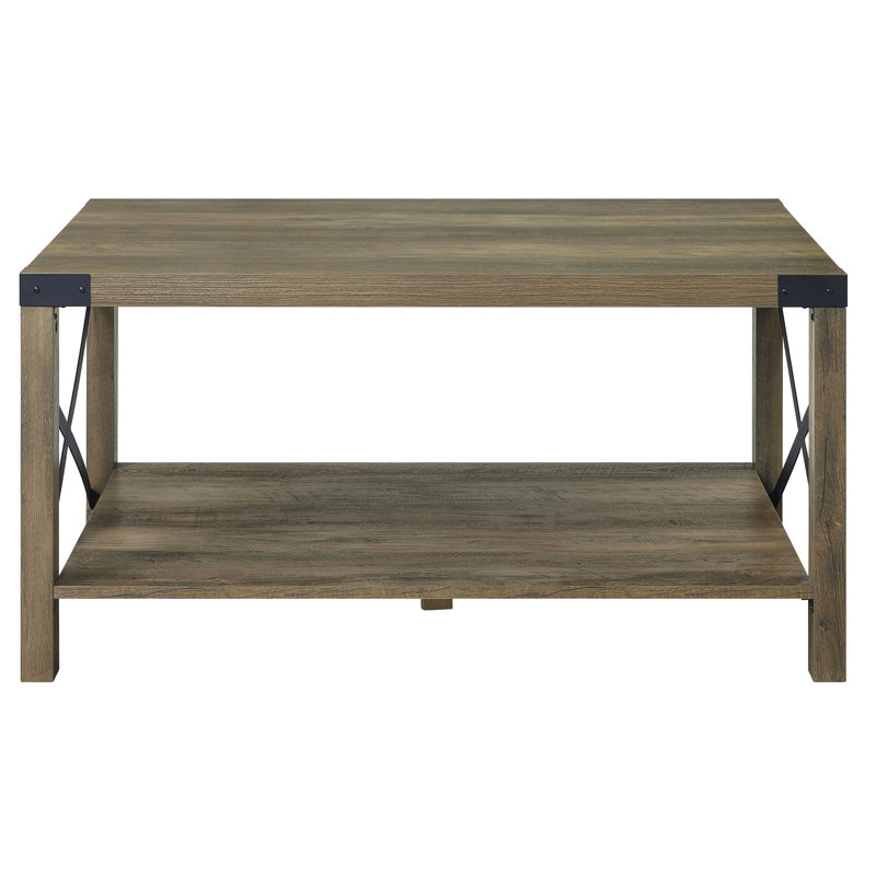 Rustic Style Coffee Table With Extra Shelf And Ample Surface Area Rectangular Space
