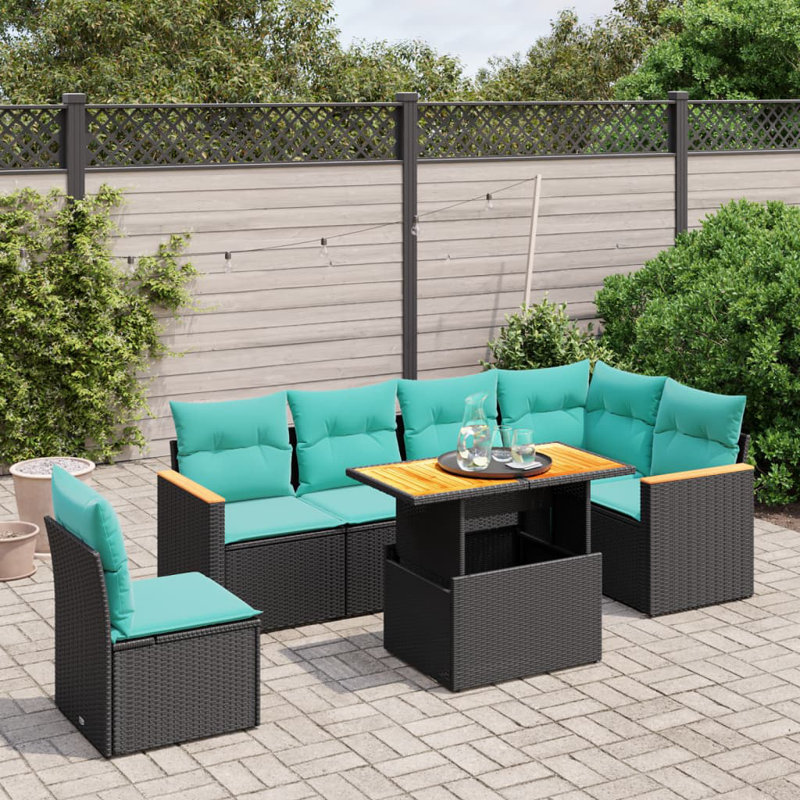  Ensemble de canapé de patio 7 pièces avec coussins en rotin de polyester, Noir, Vert