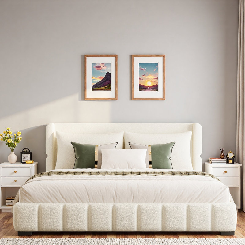 Lit plateforme tapissier avec 2 coussins et pieds robustes, Blanc, Grand lit