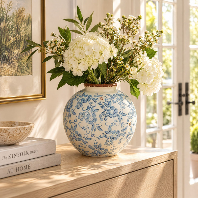 Round Decorative Terra-cotta Vase with Transferware Pattern, Blue/Beige