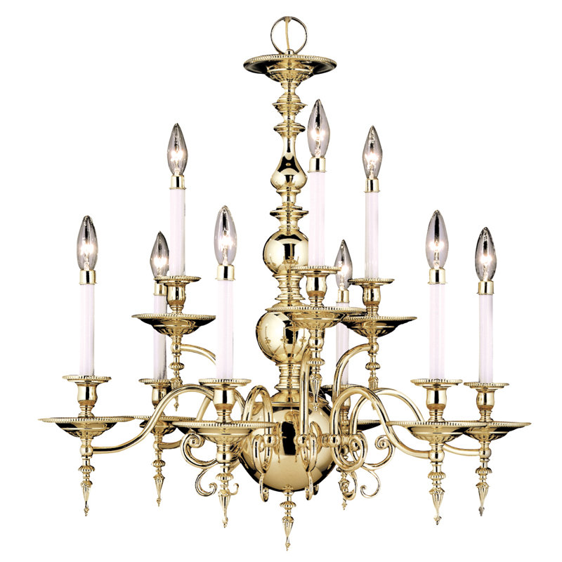 Lustre à niveaux 9 lumières façon bougie style bougie Vester, Laiton poli