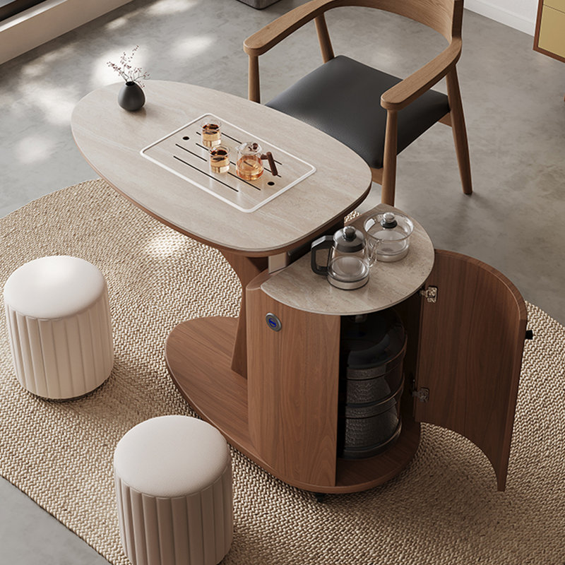 Table basse brune Mid-Century avec plateau en pierre frittée, roulettes et table de thé Kung-fu