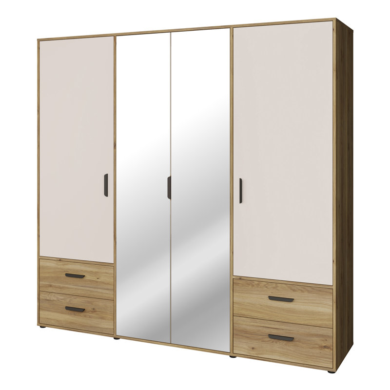 Rajish Modern wardrobe with 4 doors, 4 drawers, mirror, clothing rail and shelves, engineered wood, warm oak decor/beige, 205.9 cm W x 200.1 cm H x 52.7 cm D