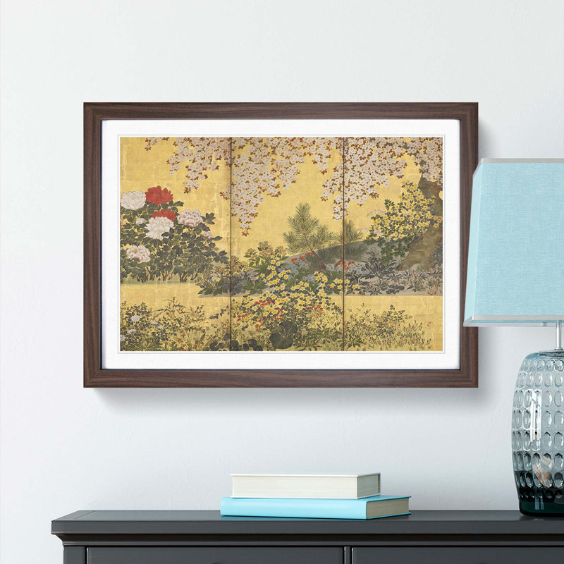 Flowers and the Butterflies by Tawaraya Sotatsu - Picture Frame Painting Print, Walnut Framed, 48cm H x 65cm W x 2cm D