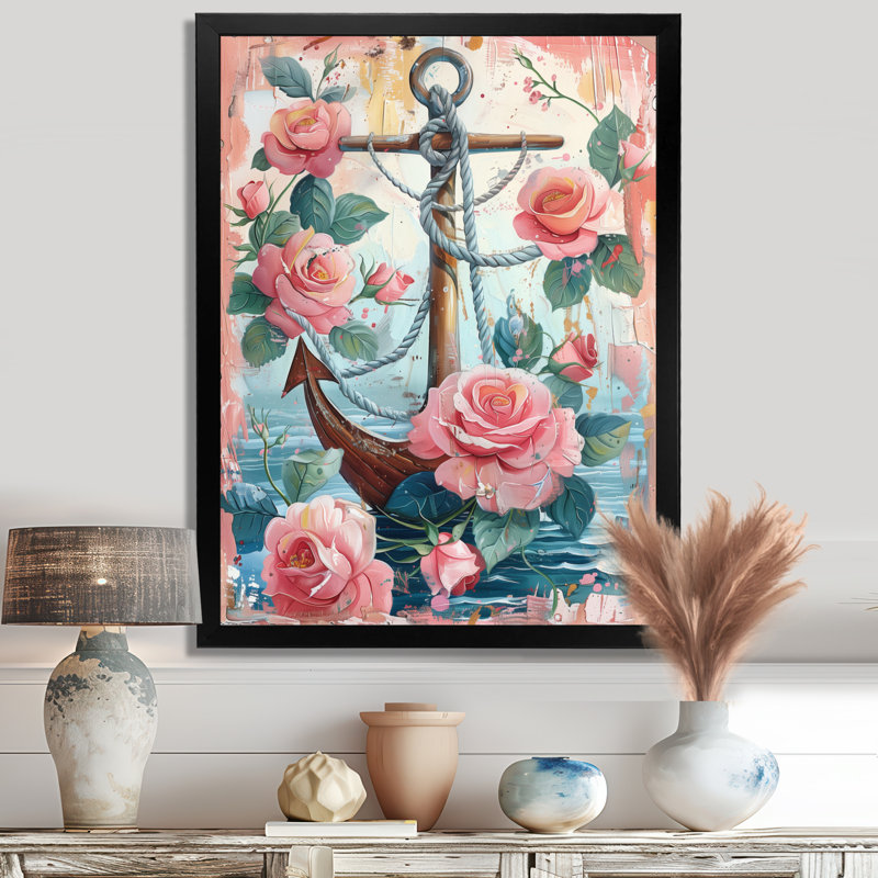 Ancre de pirate rose et vert avec roses roses II - décoration murale bord de mer, Toile encadrée noire simple