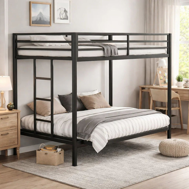 Ady Twin Over Twin Bunk Bed With Ladder And Guardrails, Black Metal Frame, Twin Over Twin