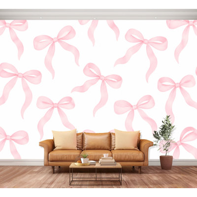 Panneau mural pelez et collez, ruban rose, coquette, jolies banderoles, esthétique, grand papier peint blanc, papier autocollant amovible, décoration murale pour le salon, chambre à coucher, chambre de bébé H 100 po x l 144 po