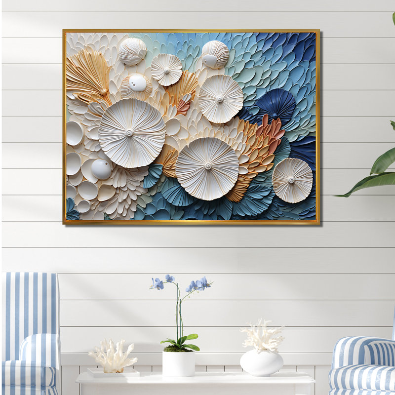 Coastal Seashell Tranquility I - coquillage sur toile, art mural, Cadre flottant doré, H 30 po x l 40 po x P 1,5 po