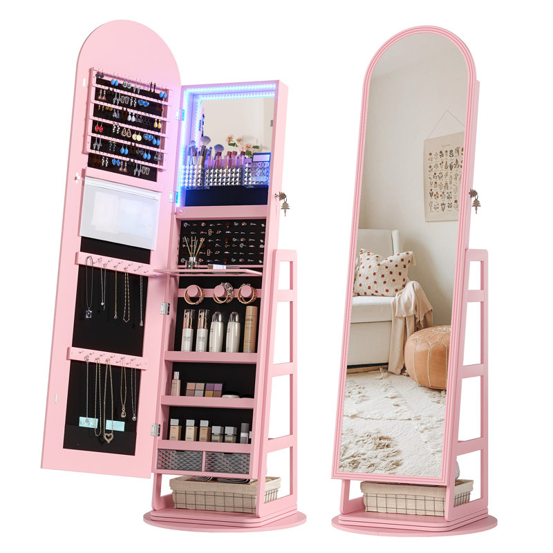 22"Wide Freestanding Jewellery Armoire with Mirror,LED, Pink
