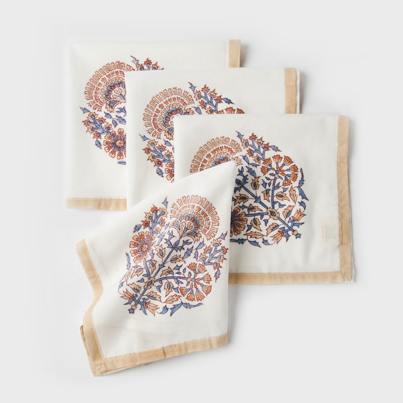  18x18 Inch Set of 4 Cotton Block Printed Cloth Napkins, Saffron