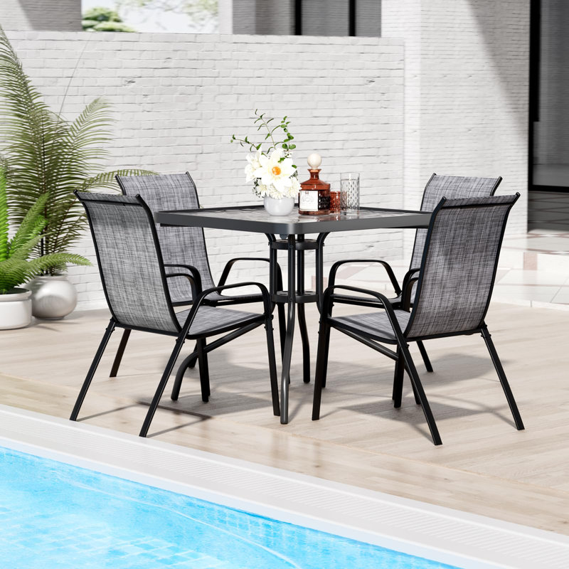 Patio Set Four Chairs Glass Top Table Umbrella Set Of Garden 105CM