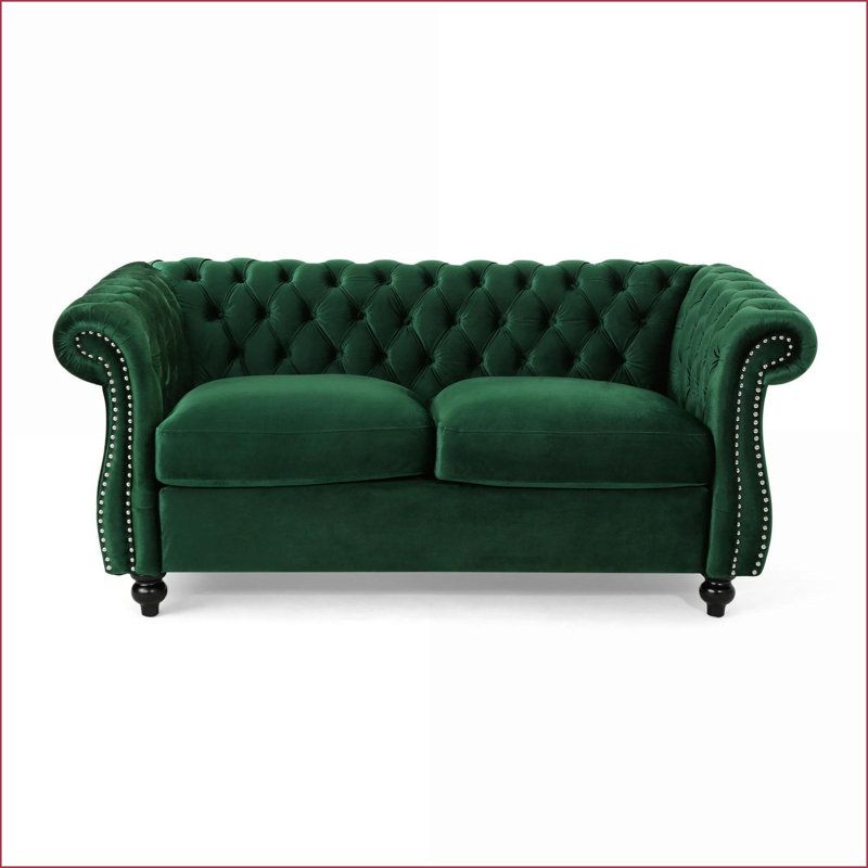 Causeuse-causeuse Chesterfield avec capitonnage et amp; Tête de clou, l 61,75 po | Velours émeraude, 2, Velours vert