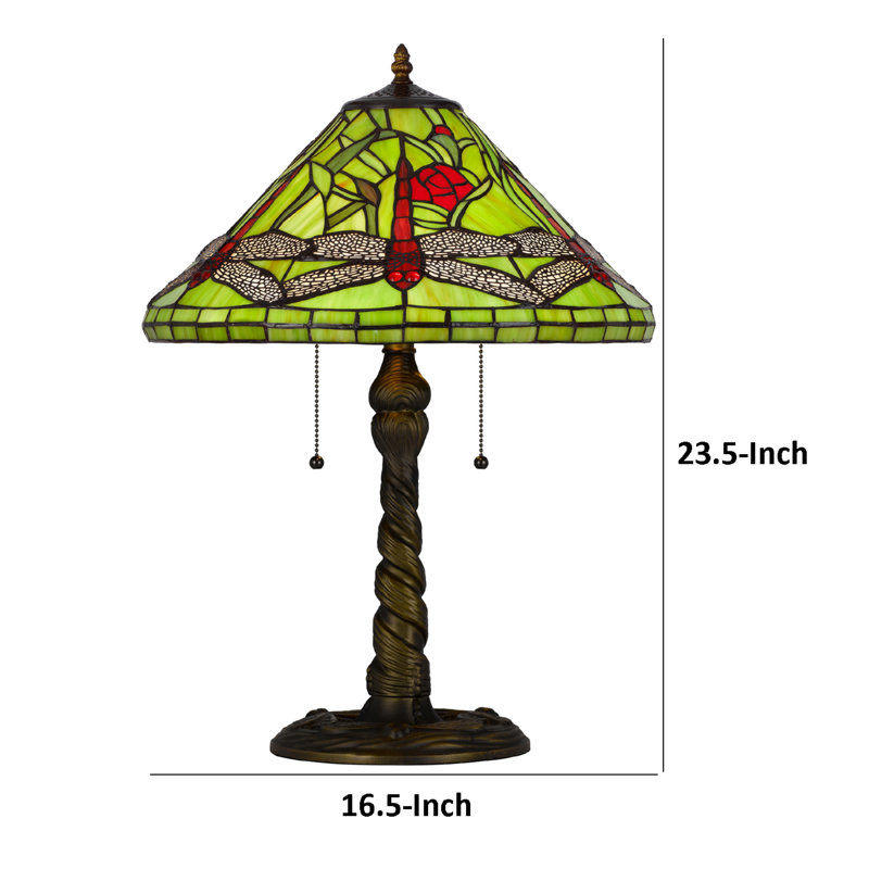 Lampe de table Eli avec abat-jour en verre Tiffany, libellule verte peinte, laiton