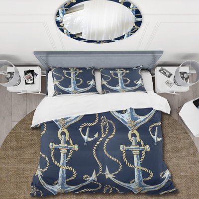 Blue Gold Coastal Anchor - Coastal Duvet Cover Set