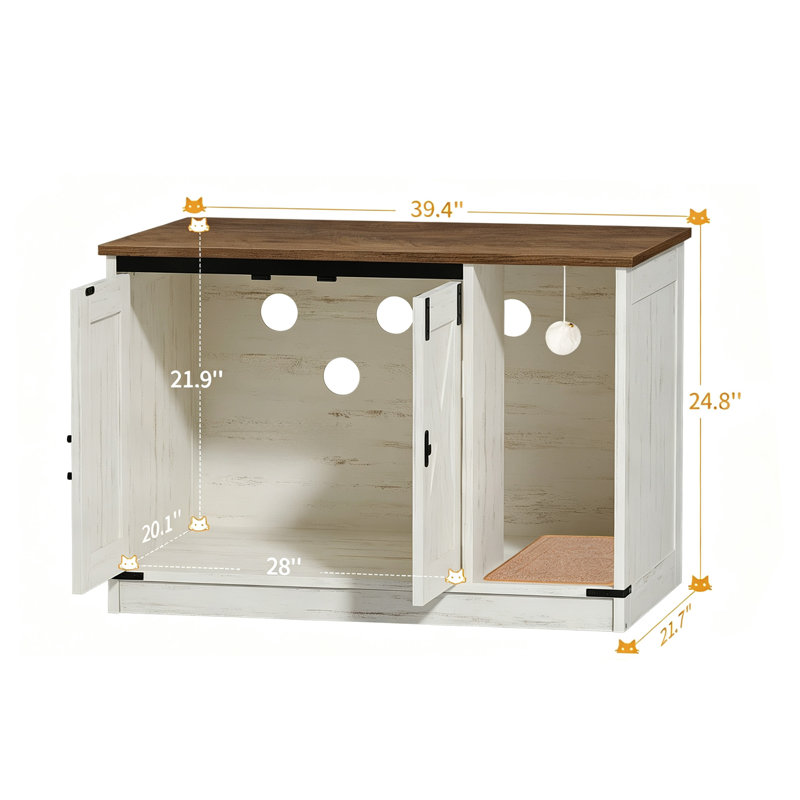 Enceinte de litière pour chat, meuble pour litière cachée avec cloche, maison de chats d'intérieur, style maison de campagne, 39,4 x 21,7 x 24,8 po pour le couloir, la chambre à coucher, brun rustique et blanc