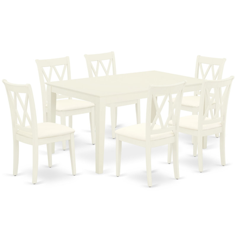 7 Piece Kitchen Table & Chairs Set Consist of a Rectangle Dining Room Table and 6 Linen Fabric Dining Chairs, Linen White