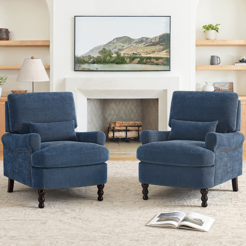 Fauteuil d'appoint Rickon style campagne française, avec accoudoirs arrondis et coussin lombaire, idéal pour le salon, la chambre ou le bureau à domicile.