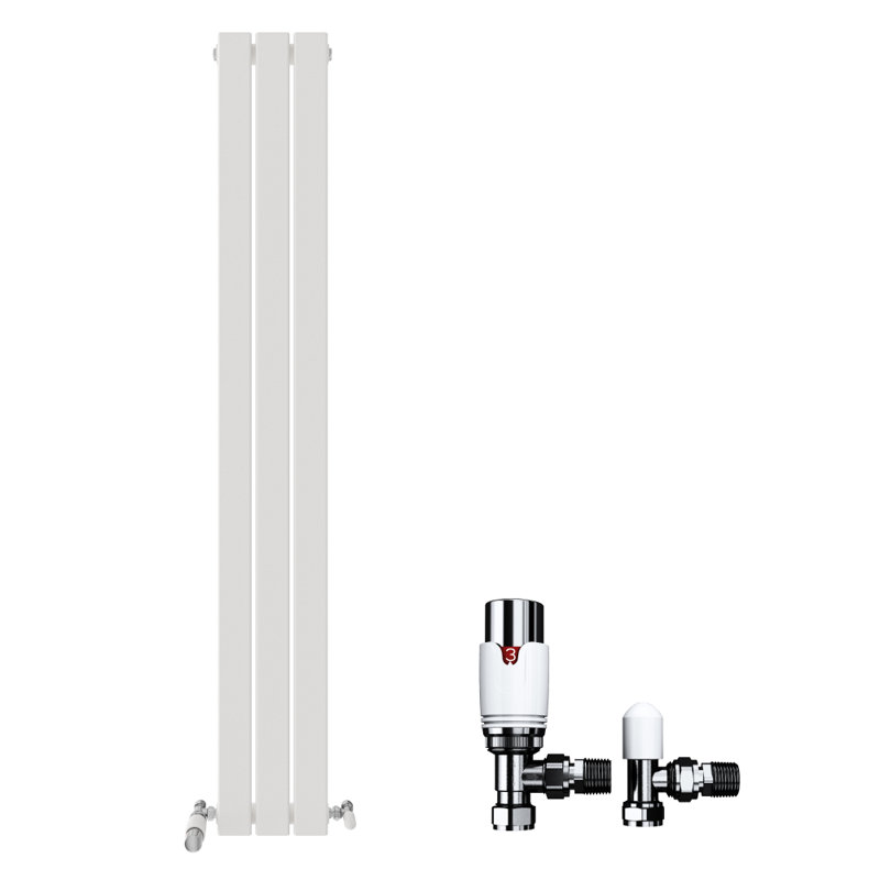 iBathUK Belgravia Vertical Single Slim Flat Panel Radiator Angled Valve, White, 1600cm H x 228cm W x 52cm D