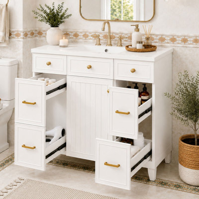 Meuble-lavabo sur pied 36 po avec lavabo en céramique, armoire avec une porte et 3 tiroirs 36 po