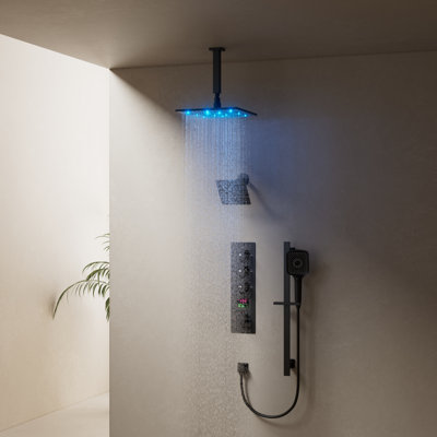 Thermostatic Digital Dual Shower System Set, 12" LED Rainfall Shower Head with 4-Function Hand Shower