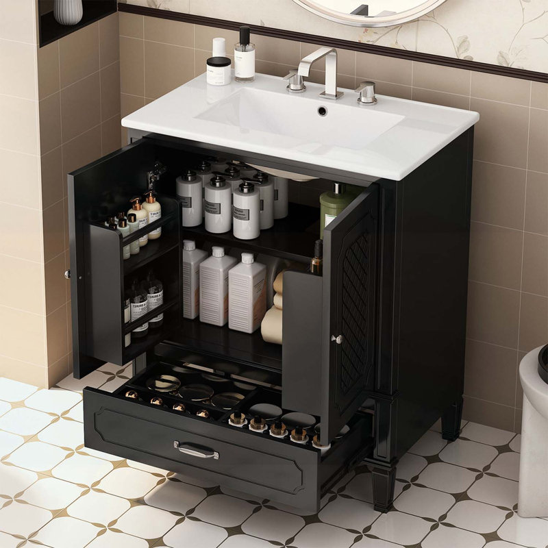 Armoire de rangement pour salle de bain avec lavabo, rangement multifonctionnel, porte à fermeture en douceur, Noir