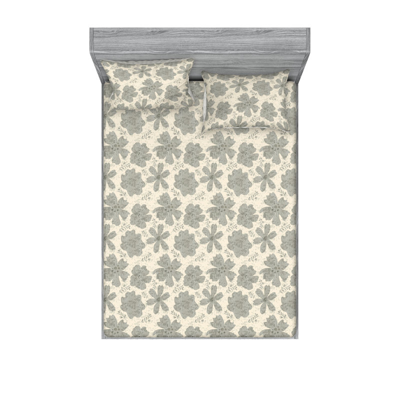 Ambesonne Fitted Sheet & Shams, Gray/Teal/Cream Flower, King Sheet Set with 2 Pillowcases
