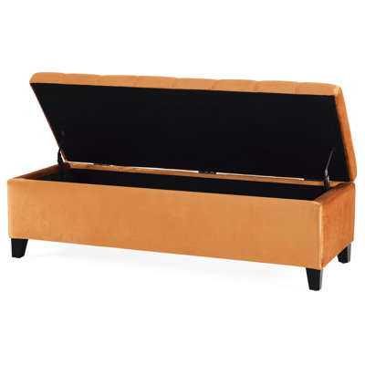 Burnt Orange Velvet With Copious Storage For Blankets, On Strong Birch Wood Legs Dark Brown Finish, Supports 250 Lbs Weight In Abundant Room Legs, Can Bear Load