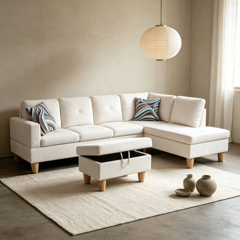 Ensemble de canapé de salon en flanelle 3 pièces 66,5 ", structure en bois massif avec rangement divisé et repose-pieds de rangement