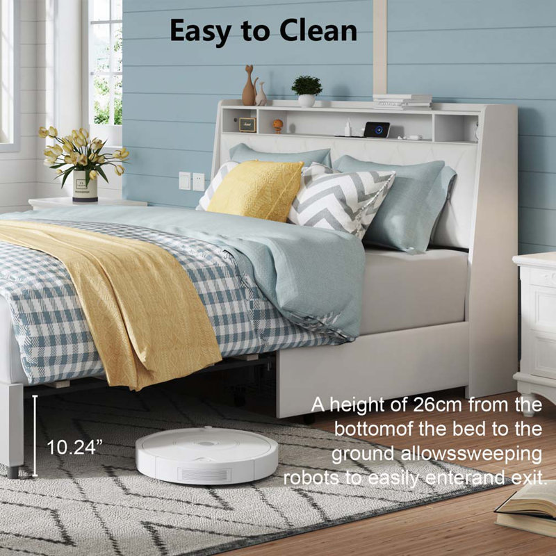 Bed Frame with Storage Shelf,Outlets & Charger, Full, White