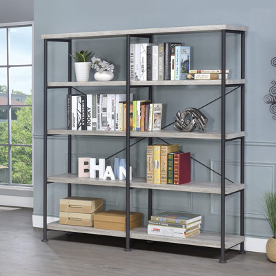 Bibliothèque ouverte à 4 tablettes en bois flotté gris et noir, parfaite pour la décoration rustique moderne et le rangement élargi