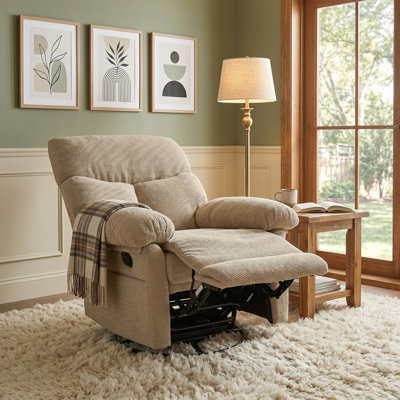Fauteuil inclinable, pivotant, moderne et rembourré avec tissu texturé pour salon et chambre de bébé