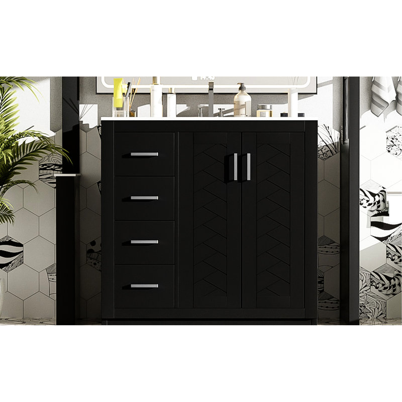 Meuble-lavabo de 36 pouces avec lavabo en céramique, rangement en bois massif, tiroirs, planches, beaucoup d'espace pour les articles de toilette et les articles, design rétro, poignées exquises, glissement en douceur, lavabo moderne de 36 po,