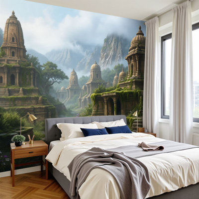 Peel and Stick Wallpaper 96" W x 69" H Modern Self Adhesive Wall Mural for Bedroom Ancient Temple Ruins Buddhist Monks Walking Mountain Landscape
