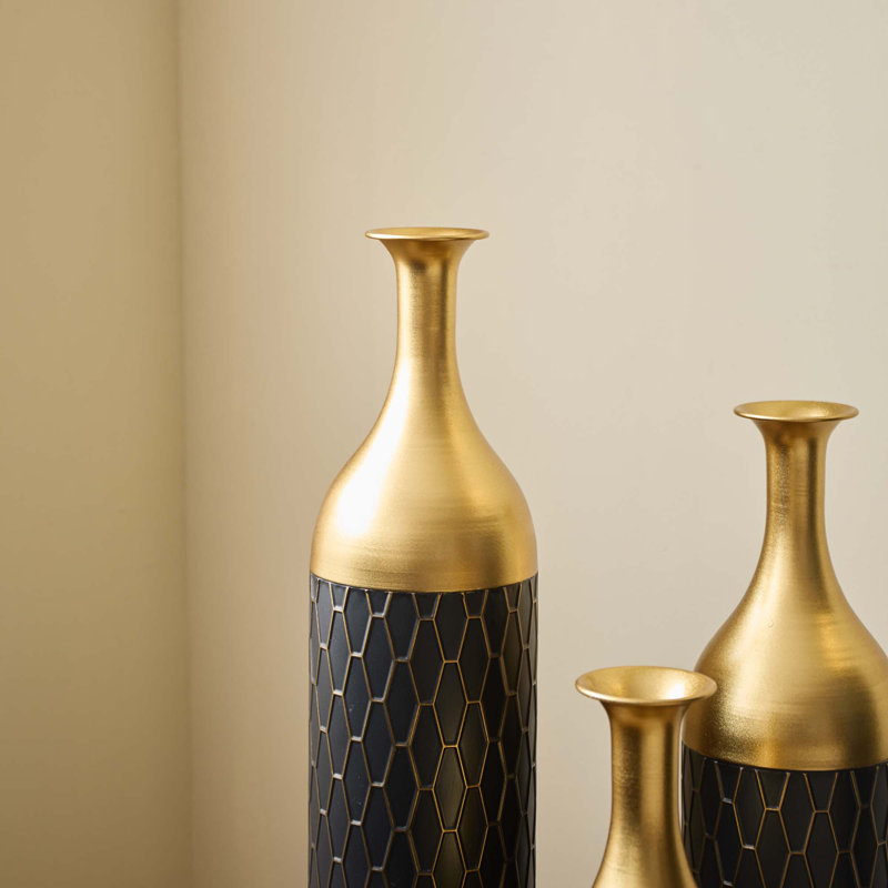 Ensemble de 3 vases de plancher en métal noir et or idéal (H 25 po / 30 po / 34 po)