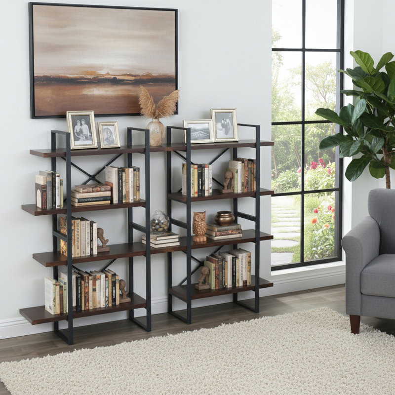 Kaecyn Metal Etagere Bookcase, Walnut, 56.69" H x 82.68" W x 11.34" D