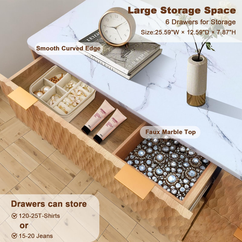 Fluted Dresser for Bedroom, Modern 6 Drawer Dresser, Double Chest of Drawers with Faux Marble Top, Wood Storage Cabinet for Living Room, Hallway, Entryway, Oak