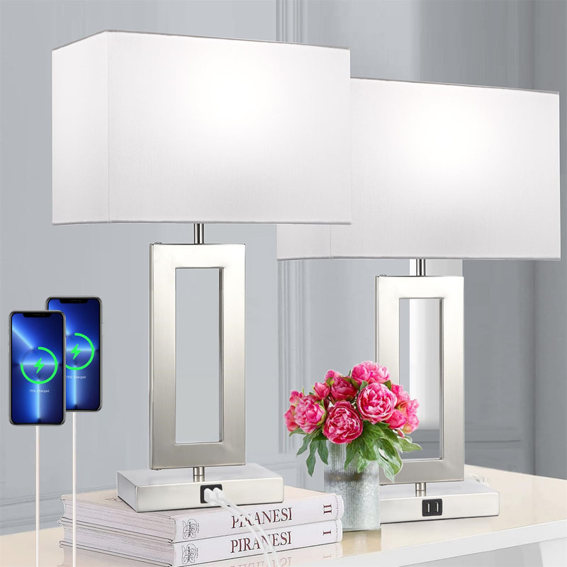 22'' Lamps for Bedrooms Set of 2, Touch Control Table Lamps with 2 USB Ports, Silver, White, 22.01" H x 12.4" W x 6.69" D