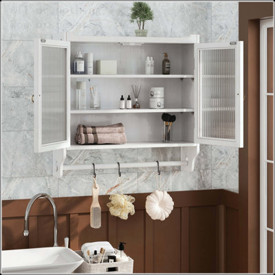24.8'' Vintage Glass Door Wall Cabinet with Three-Tier Storage and Towel Rack