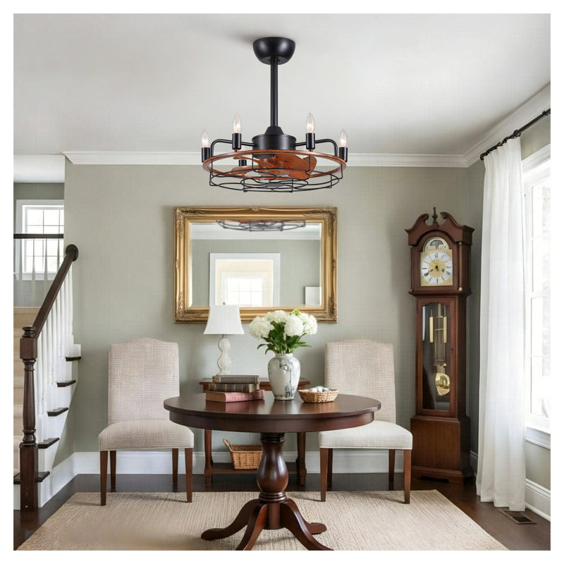 Ventilateur de plafond de style campagne moderne de 20 pouces avec grain de bois et lumière, noir rustique Fandelier