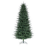 Vickerman 9.5' x 60" Slim Itasca Fraser Fir Artificial Pre-Lit Christmas Tree with 1050 Warm White LED Mini Lights, 3076 Realistic PE/PVC Tips, 6' Step On/Off Power Cord and Folding Metal Tree Stand. Assembly is required.