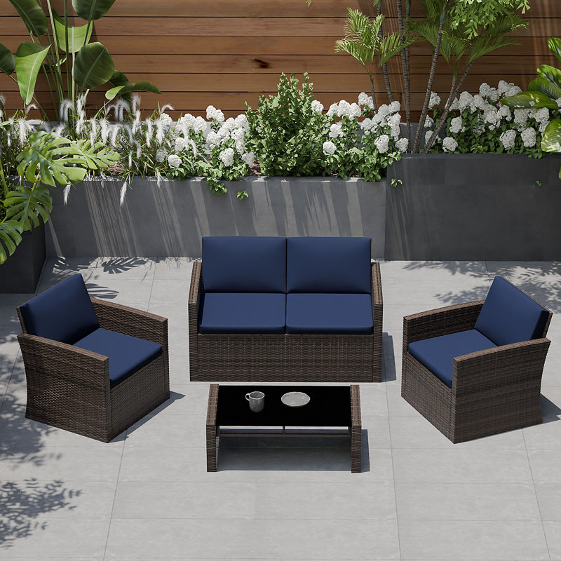 4 Pieces Seating Set With Cushion, Navy